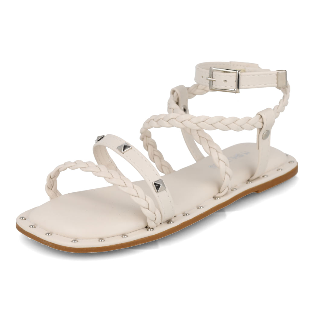 Sandália infantil M Shuz Kids off white vista frontal com detalhes em tachas prateadas
